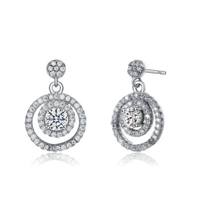 Rozzato Lab Created White Gold Plated with Clear Cubic Zirconia Double Concentric Halo Dangle Earrings