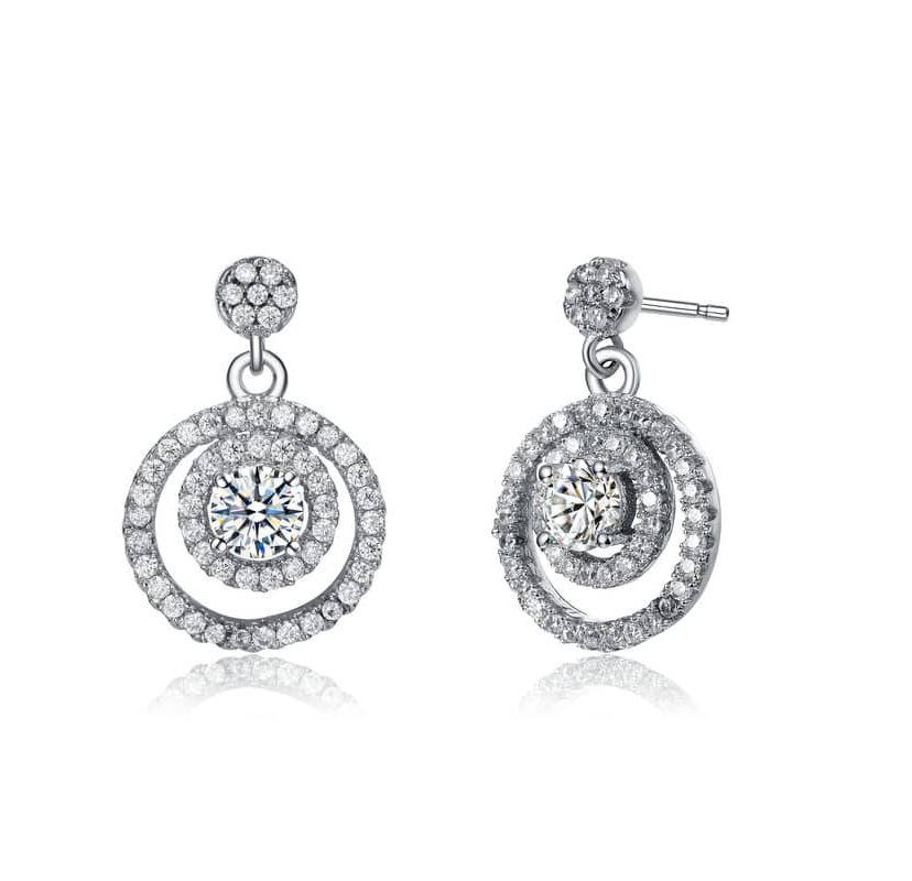 Lab Created White Gold Plated with Clear Cubic Zirconia Double Concentric Halo Dangle Earrings