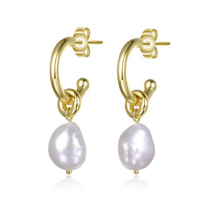 Rozzato Lab Created 14K Gold Plated with Irregular Pearl Huggie Drop Earrings