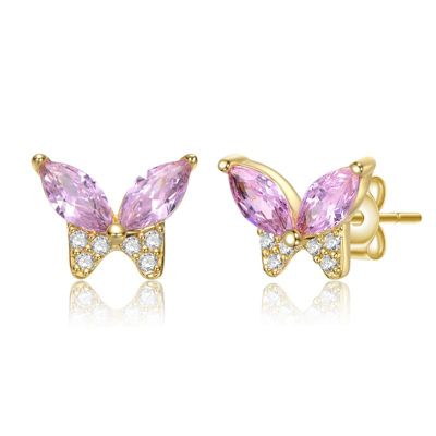 Rozzato Lab Created 14K Gold Plated with Pink Cubic Zirconia Butterfly Stud Necklace for Teens