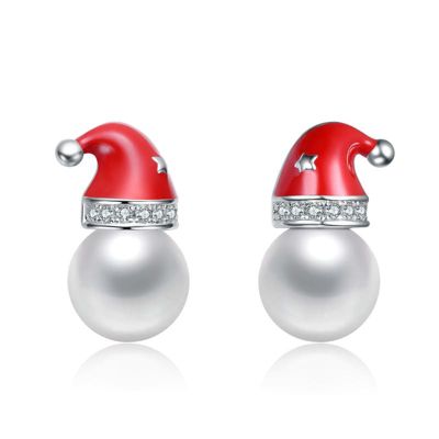 Rozzato Lab Created White Gold Plated with White Pearl & Clear Cubic Zirconia Santa Hat Stud Earrings