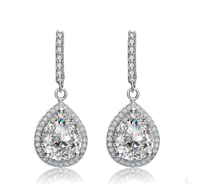 Lab Created White Gold Plated with Pear Shaped Clear Cubic Zirconia Hook Earrings