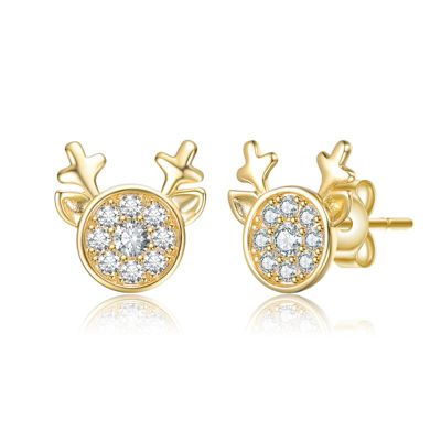 Rozzato Lab Created 14K Gold Plated with Cubic Zirconia Round Reindeer Design Christmas Stud Earrings