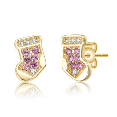 Rozzato Lab Created 14K Gold Plated with Clear & Pink Cubic Zirconia Christmas Stocking Stud Earrings