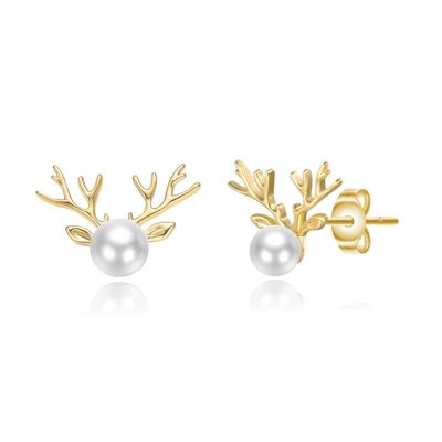 Rozzato Lab Created 14K Gold Plated with White Pearl Reindeer Horn Design Christmas Stud Earrings