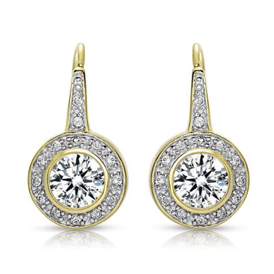 Rozzato Lab Created 14K Gold Plated with bezel Set Round Cubic Zirconia Halo Dangle Earrings