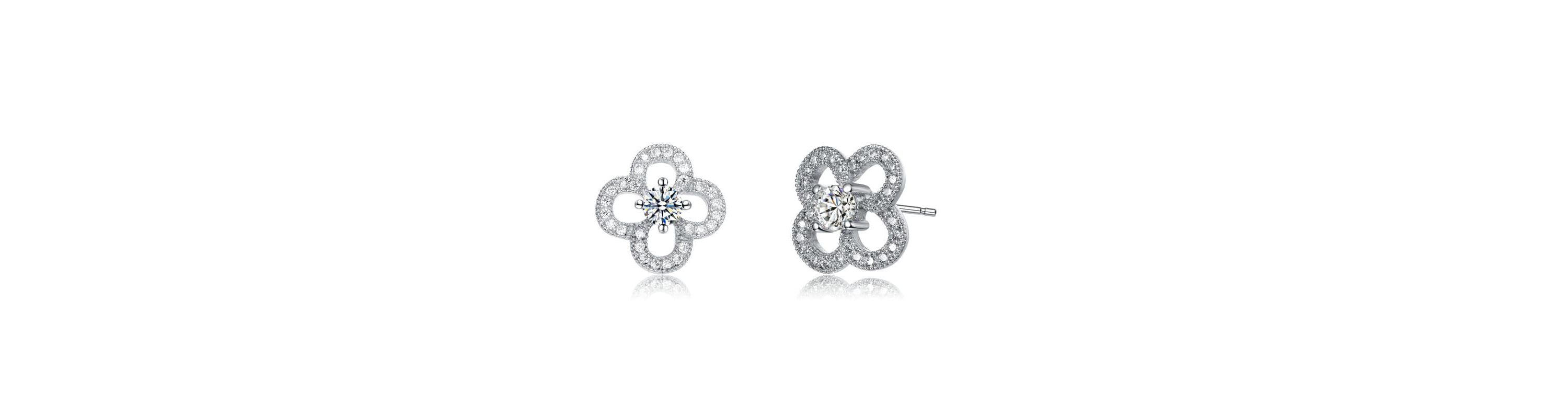 Lab Created White Gold Plated with Clear Cubic Zirconia Clover Shaped Stud Earrings