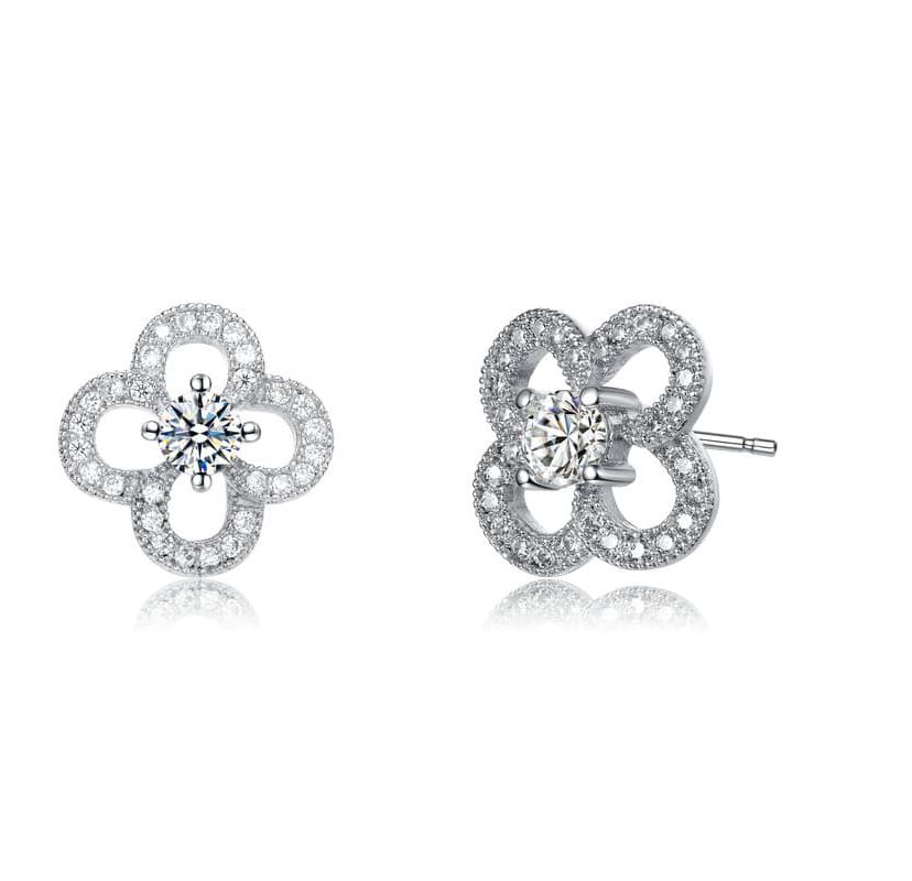 Lab Created White Gold Plated with Clear Cubic Zirconia Clover Shaped Stud Earrings