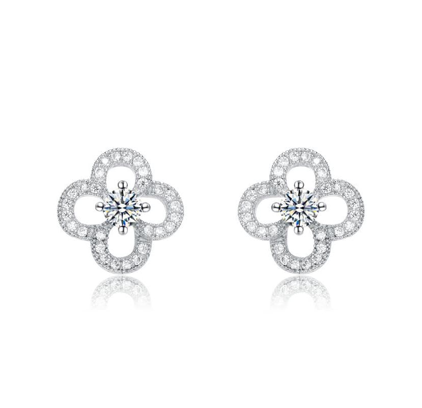 Lab Created White Gold Plated with Clear Cubic Zirconia Clover Shaped Stud Earrings