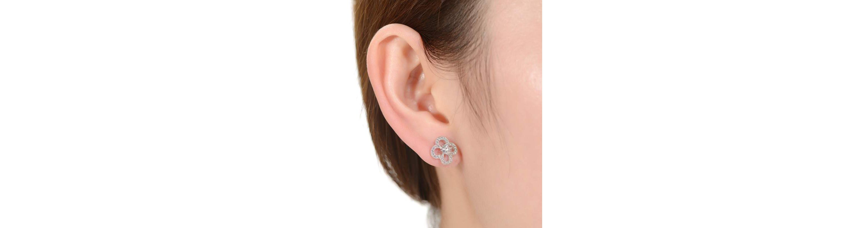 Lab Created White Gold Plated with Clear Cubic Zirconia Clover Shaped Stud Earrings