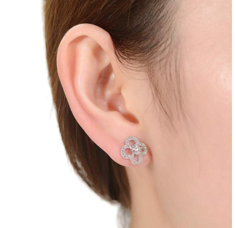 Lab Created White Gold Plated with Clear Cubic Zirconia Clover Shaped Stud Earrings