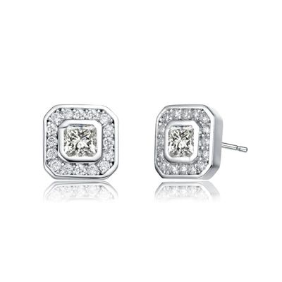 Rozzato Lab Created White Gold Plated with Clear Cubic Zirconia Square Stud Earrings