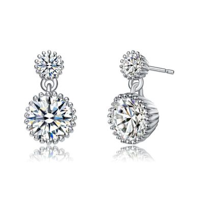 Rozzato Lab Created White Gold Plated with Clear Cubic Zirconia Two-Stone Milgrain Dangle Drop Earrings