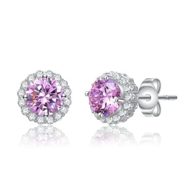 Rozzato Lab Created White Gold Plated with Pink Cubic Zirconia Round Stud Earrings