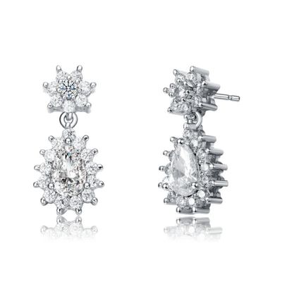 Rozzato Lab Created White Gold Plated with Clear Cubic Zirconia Double Flower Cluster Dangle Earrings
