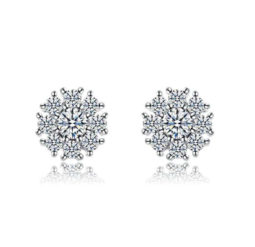 Lab Created White Gold Plated with Clear Cubic Zirconia Snowflake Cluster Stud Earrings