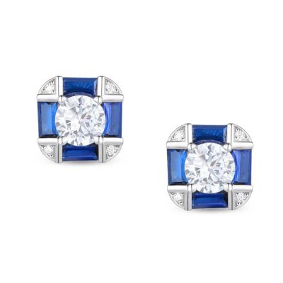 Rozzato Lab Created Sterling Silver White Gold Plated with Sapphire Blue Cushion Geometric Stud Earrings