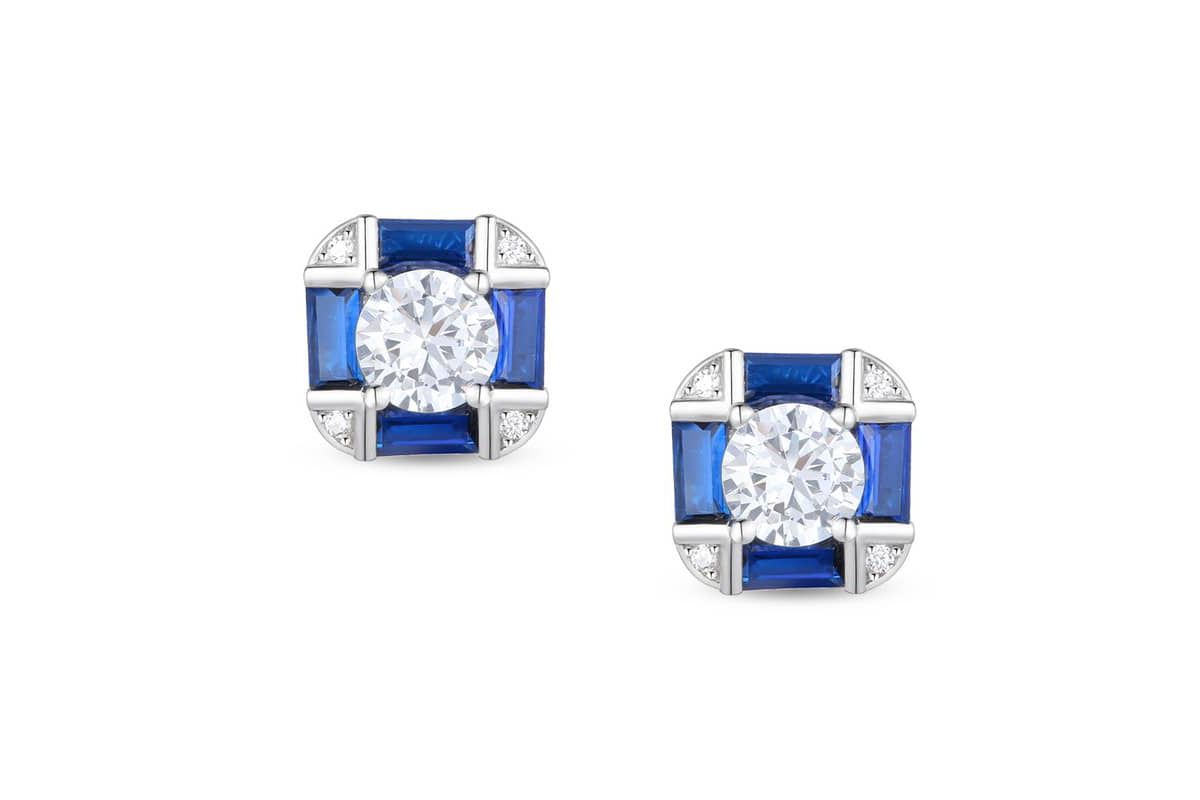 Lab Created Sterling Silver White Gold Plated with Sapphire Blue Cushion Geometric Stud Earrings