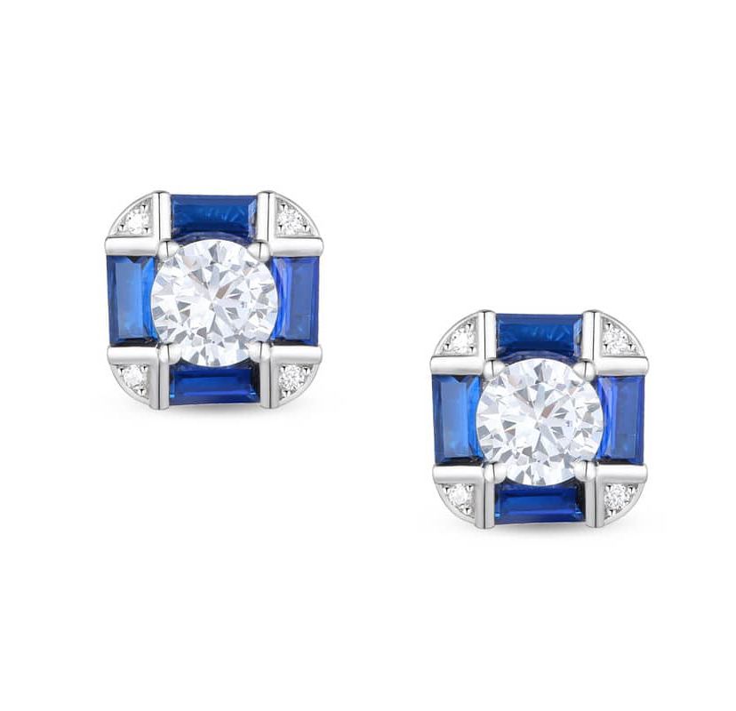 Lab Created Sterling Silver White Gold Plated with Sapphire Blue Cushion Geometric Stud Earrings