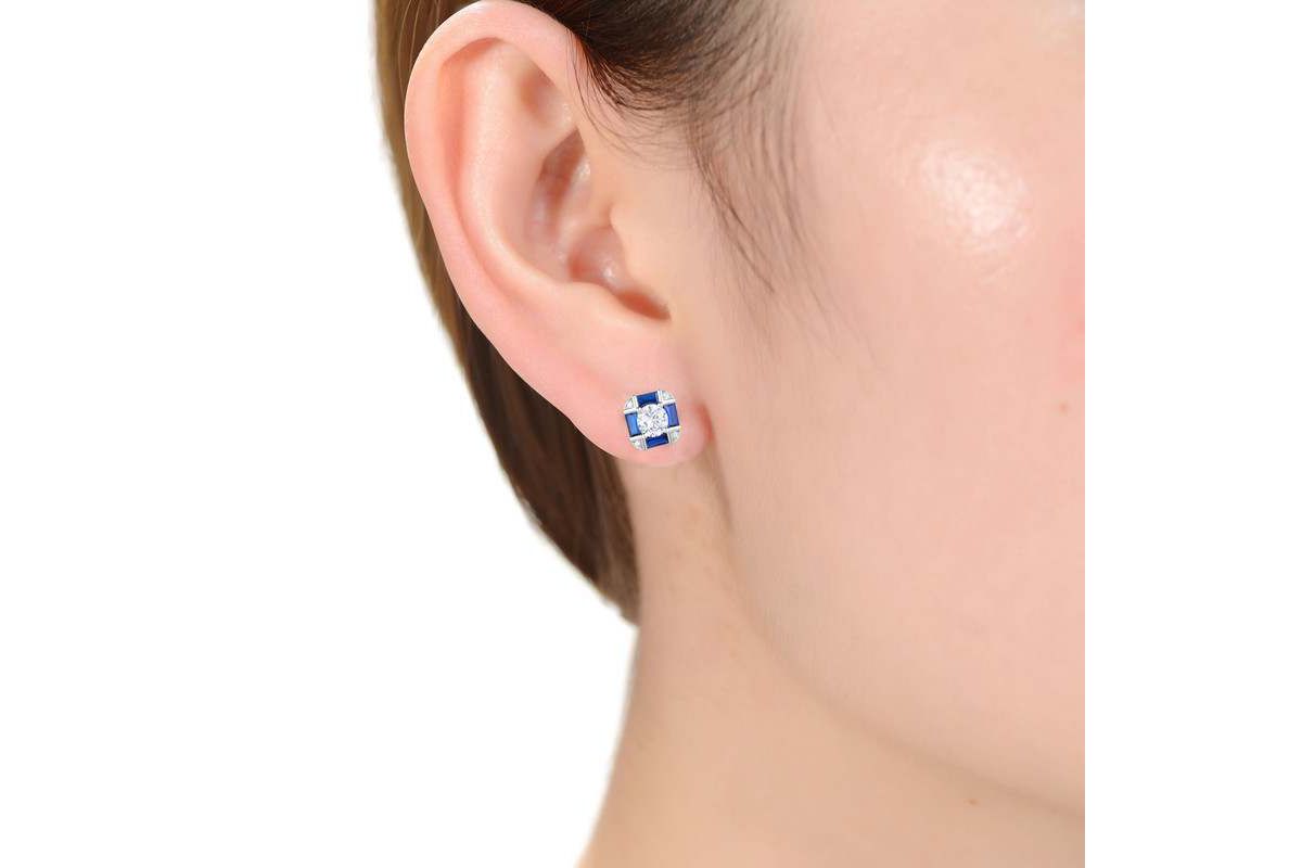 Lab Created Sterling Silver White Gold Plated with Sapphire Blue Cushion Geometric Stud Earrings
