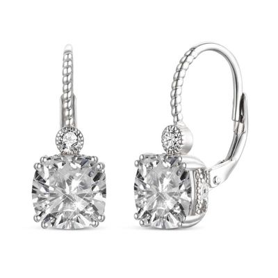 Rozzato Lab Created Sterling Silver White Gold Plated with Clear Cubic Zirconia Leverback Drop Earrings