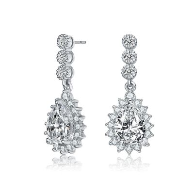 Rozzato Lab Created Sterling Silver White Gold Plated with Clear Pear and Round Cubic Zirconia Halo Drop Earrings