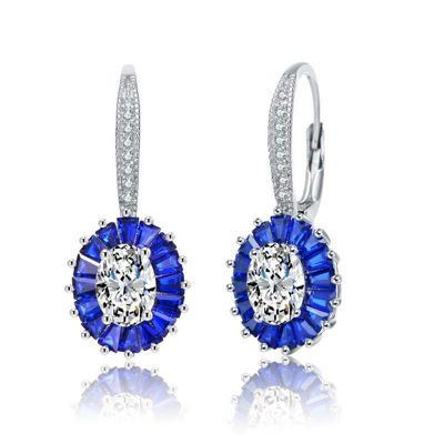 Rozzato Lab Created Sterling Silver White Gold Plated with Sapphire Blue Cubic Zirconia Leverback Earrings