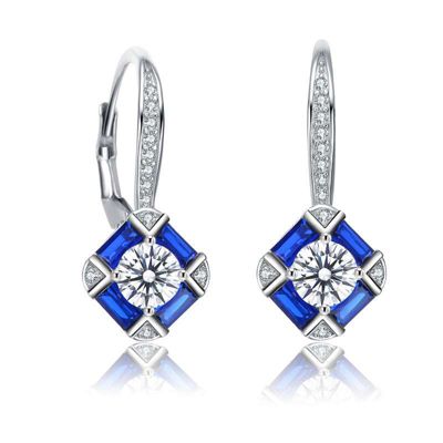 Rozzato Lab Created Sterling Silver White Gold Plated and Sapphire Cubic Zirconia Leverback Earrings, Blue