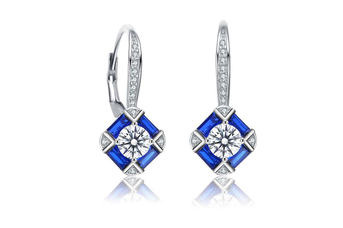 Lab Created Sterling Silver White Gold Plated and Sapphire Cubic Zirconia Leverback Earrings