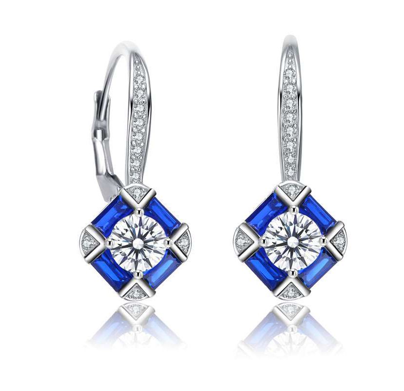 Lab Created Sterling Silver White Gold Plated and Sapphire Cubic Zirconia Leverback Earrings