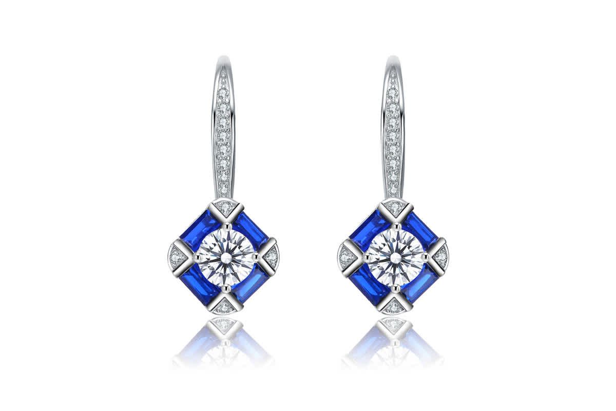 Lab Created Sterling Silver White Gold Plated and Sapphire Cubic Zirconia Leverback Earrings
