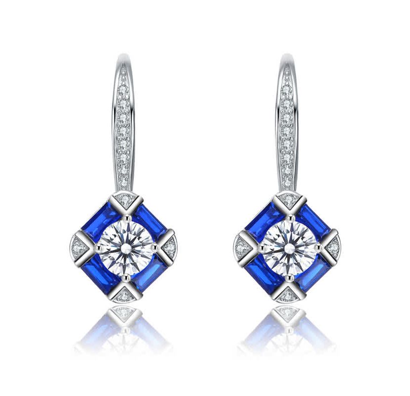 Lab Created Sterling Silver White Gold Plated and Sapphire Cubic Zirconia Leverback Earrings