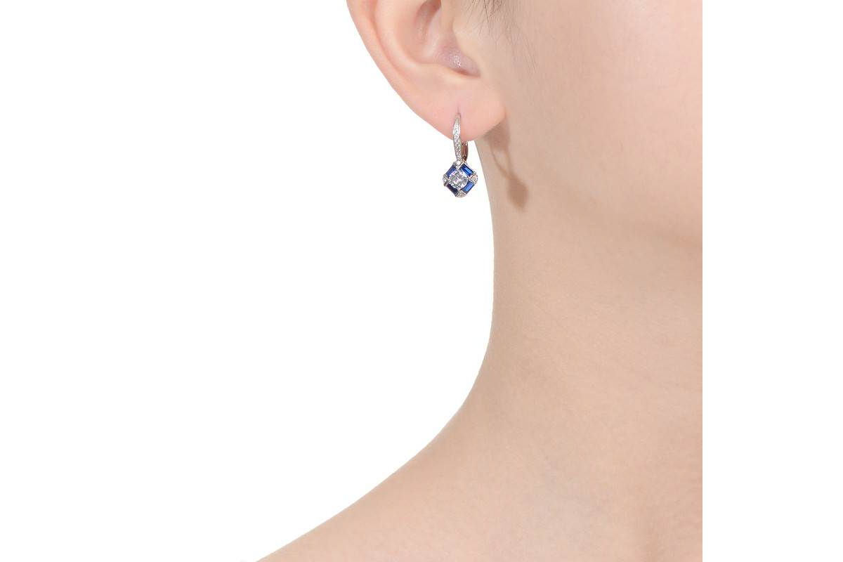 Lab Created Sterling Silver White Gold Plated and Sapphire Cubic Zirconia Leverback Earrings
