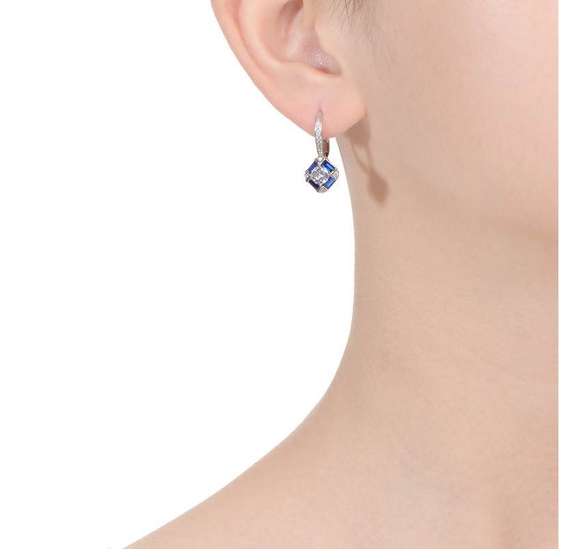 Lab Created Sterling Silver White Gold Plated and Sapphire Cubic Zirconia Leverback Earrings