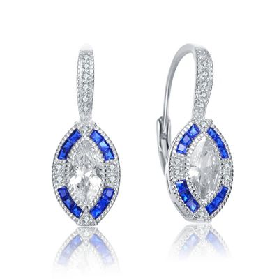 Rozzato Lab Created Sterling Silver White Gold Plated with Sapphire Blue Cubic Zirconia Leverback Earrings