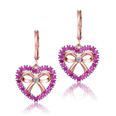 Rozzato Lab Created Sterling Silver 18K Rose Gold Plated with Ruby Red Cubic Zirconia Heart Leverback Earrings