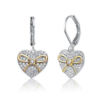 Rozzato Lab Created Sterling Silver Two-Tone with Clear Cubic Zirconia Leverback Earrings, White
