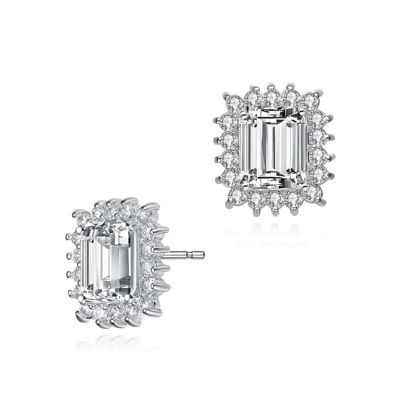 Rozzato Lab Created Sterling Silver White Gold Plated with Clear Cubic Zirconia Halo Stud Earrings
