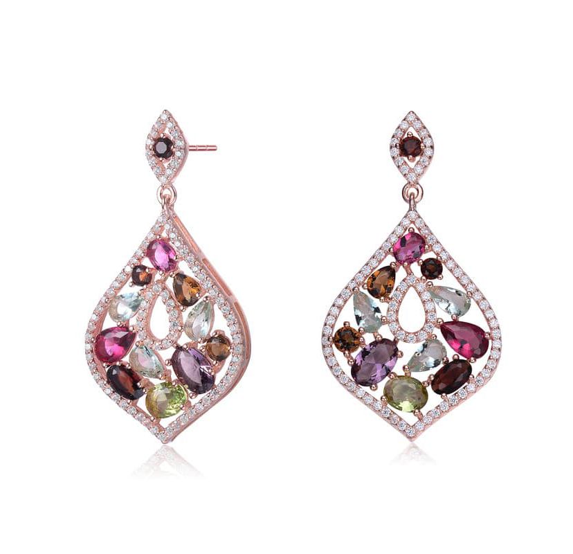 Lab Created Sterling Silver 18K Rose Gold Plated with Multi-Colored Cubic Zirconia Accent Dangle Earrings