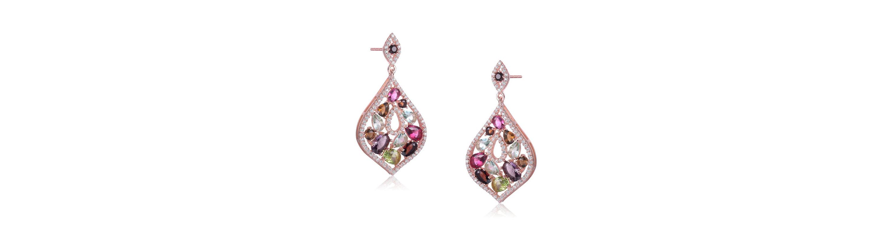 Lab Created Sterling Silver 18K Rose Gold Plated with Multi-Colored Cubic Zirconia Accent Dangle Earrings
