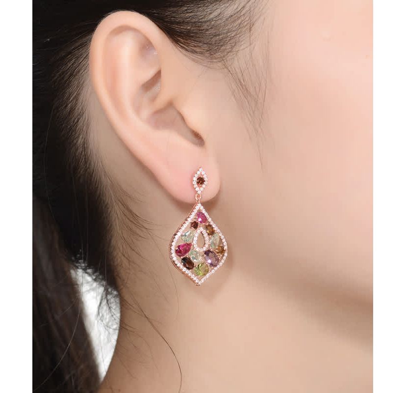 Lab Created Sterling Silver 18K Rose Gold Plated with Multi-Colored Cubic Zirconia Accent Dangle Earrings