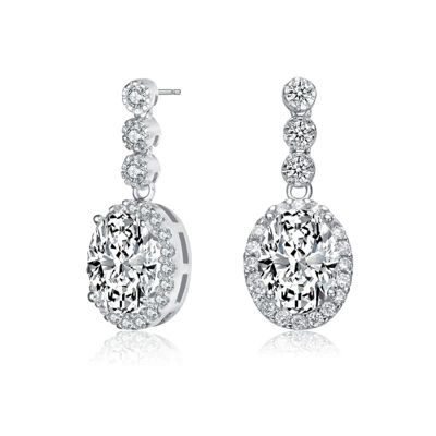 Rozzato Lab Created Sterling Silver White Gold Plated with Clear Cubic Zirconia Halo Drop Earrings