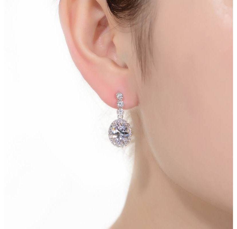 Lab Created Sterling Silver White Gold Plated with Clear Cubic Zirconia Halo Drop Earrings