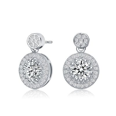Rozzato Lab Created Sterling Silver White Gold Plated with Clear Round Cubic Zirconia Thick Halo Drop Earrings