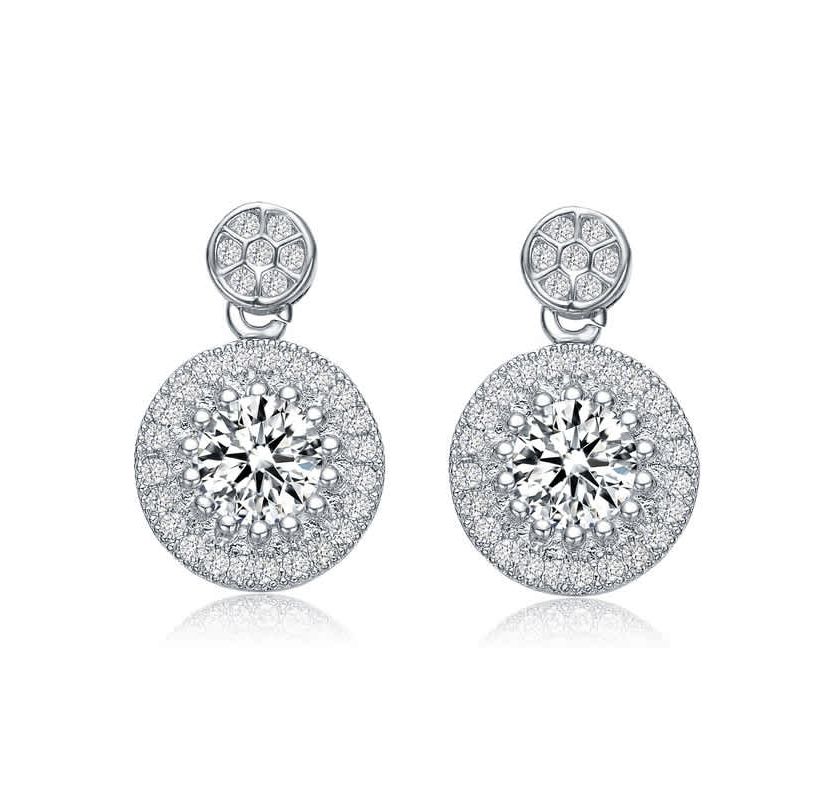 Lab Created Sterling Silver White Gold Plated with Clear Round Cubic Zirconia Thick Halo Drop Earrings