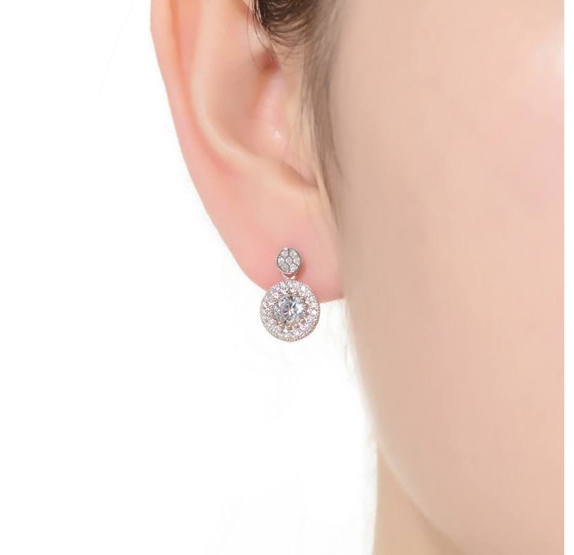 Lab Created Sterling Silver White Gold Plated with Clear Round Cubic Zirconia Thick Halo Drop Earrings