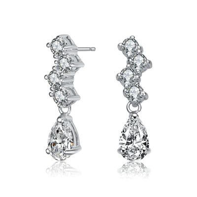 Rozzato Lab Created Sterling Silver White Gold Plated with Clear Pear and Round Cubic Zirconia ZigZag Drop Earrings