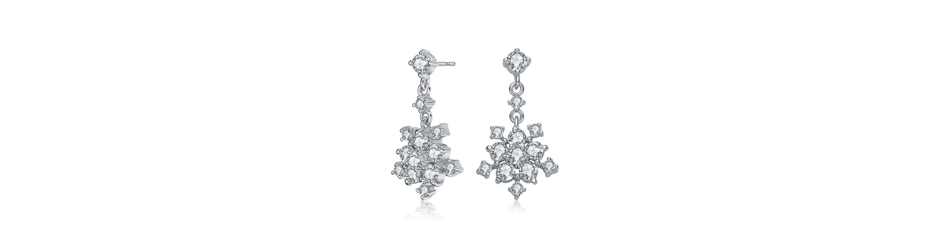 Lab Created Sterling Silver White Gold Plated with Clear Round Cubic Zirconia Cluster Flower Style Drop Earrings