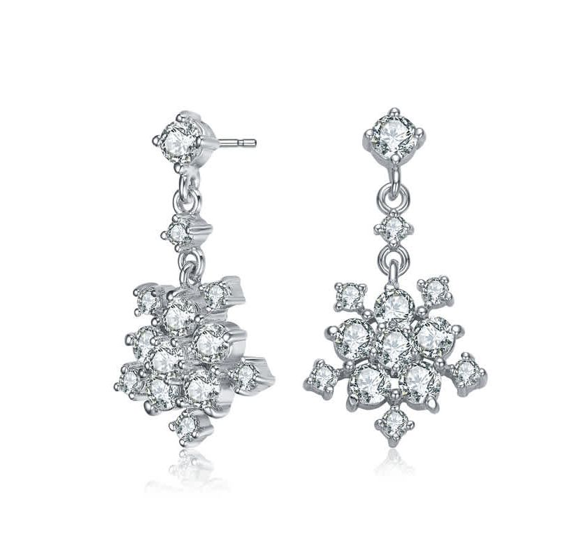 Lab Created Sterling Silver White Gold Plated with Clear Round Cubic Zirconia Cluster Flower Style Drop Earrings