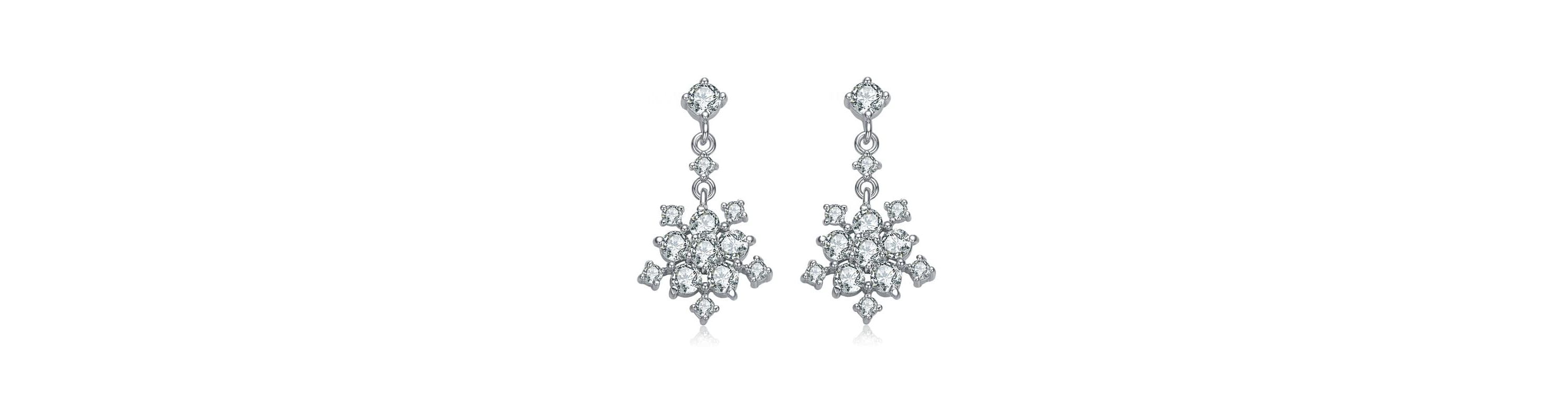 Lab Created Sterling Silver White Gold Plated with Clear Round Cubic Zirconia Cluster Flower Style Drop Earrings